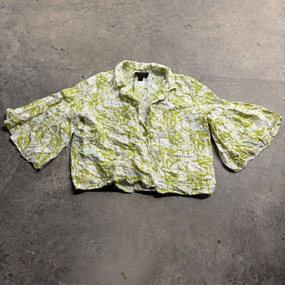 Ashro Green Floral Linen Pleated Bell Sleeve Blouse Jacket S/20 Boho Retro